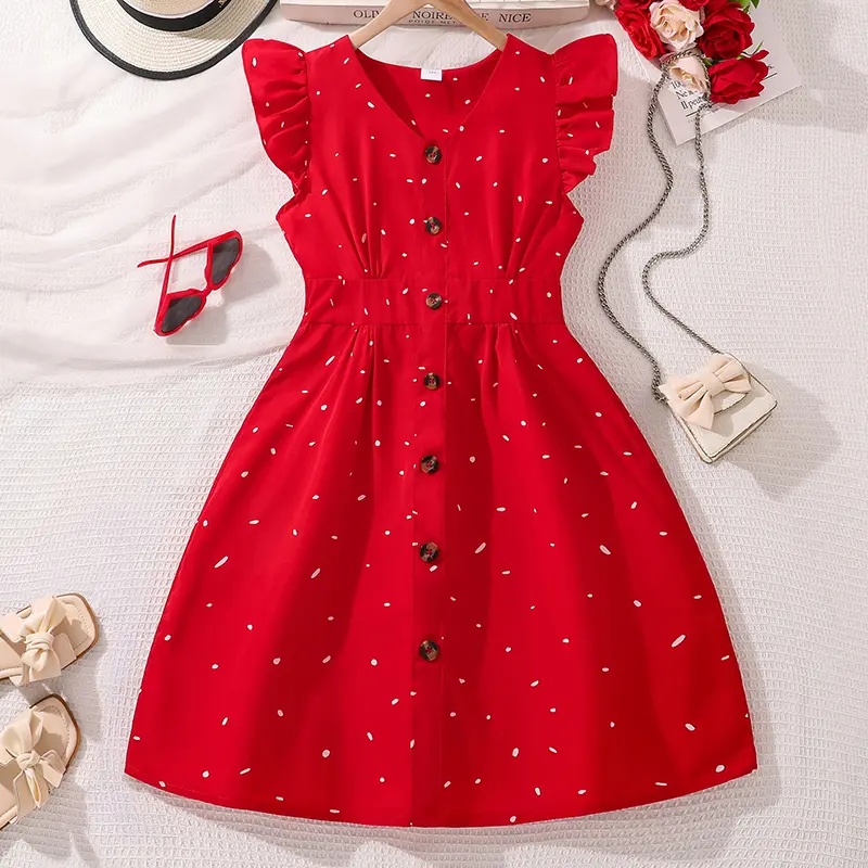 Polka Dotted Dress For Girls V-neck Sleeveless Button-Trim Knee-Length Dress Tween Girls Dress Festival Party Communion Dating O