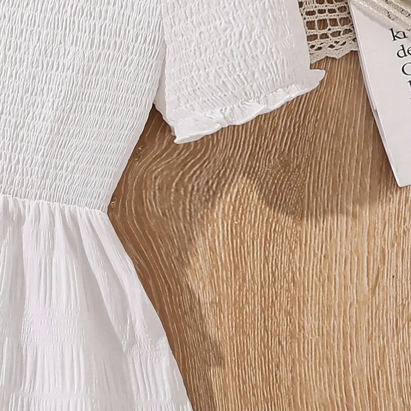 White Dress For Kids Girl Short sleeve Off-shoulder Shirred-Bodice Knee-Length Dress Communion Dating Wedding Party Dress