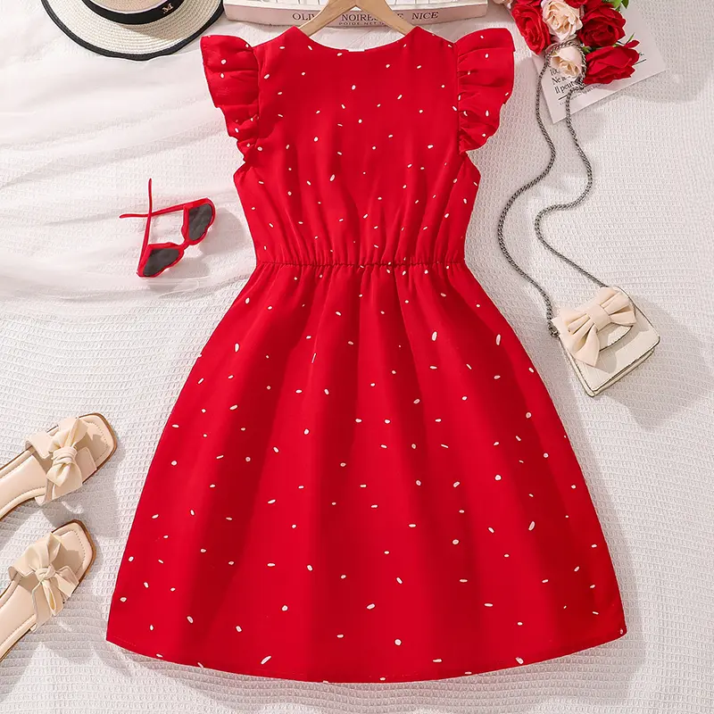 Polka Dotted Dress For Girls V-neck Sleeveless Button-Trim Knee-Length Dress Tween Girls Dress Festival Party Communion Dating O