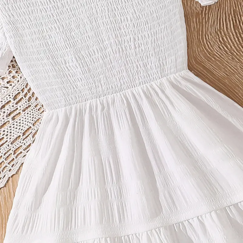 White Dress For Kids Girl Short sleeve Off-shoulder Shirred-Bodice Knee-Length Dress Communion Dating Wedding Party Dress