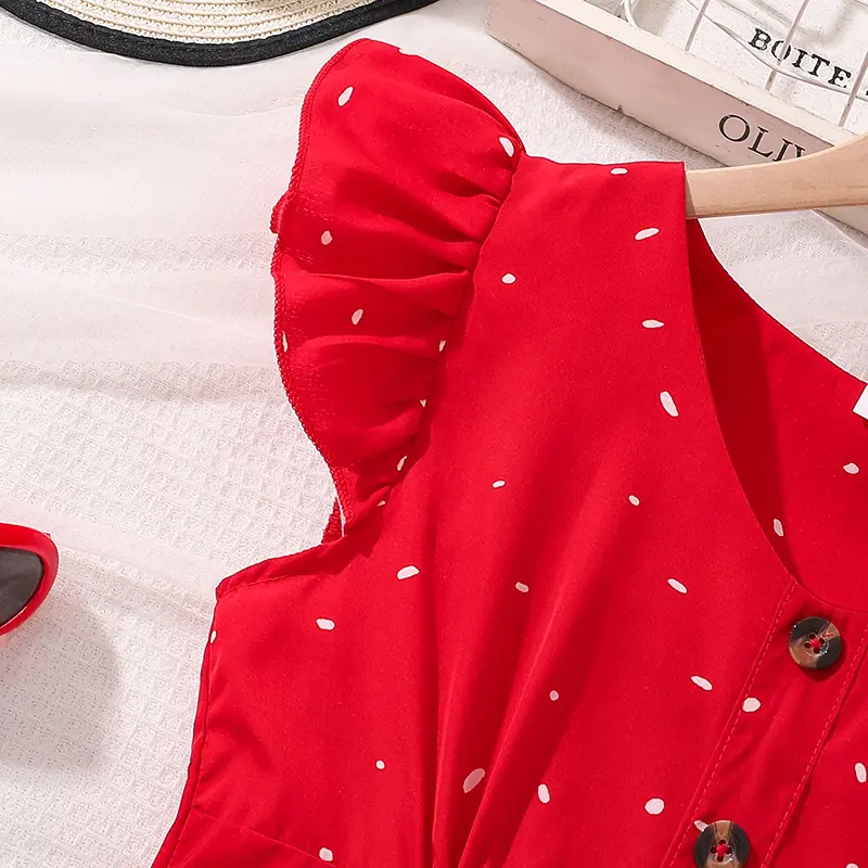 Polka Dotted Dress For Girls V-neck Sleeveless Button-Trim Knee-Length Dress Tween Girls Dress Festival Party Communion Dating O