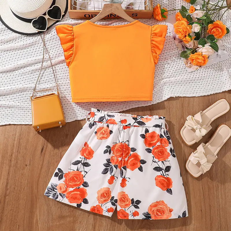 Kids Clothing Sets Tween Girls Outfit Orange Knot-Hem Crop-Top & Flowers Parinted Shorts 2PCS Summer Vacation Sets