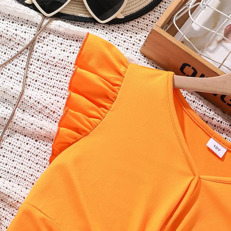 Kids Clothing Sets Tween Girls Outfit Orange Knot-Hem Crop-Top & Flowers Parinted Shorts 2PCS Summer Vacation Sets