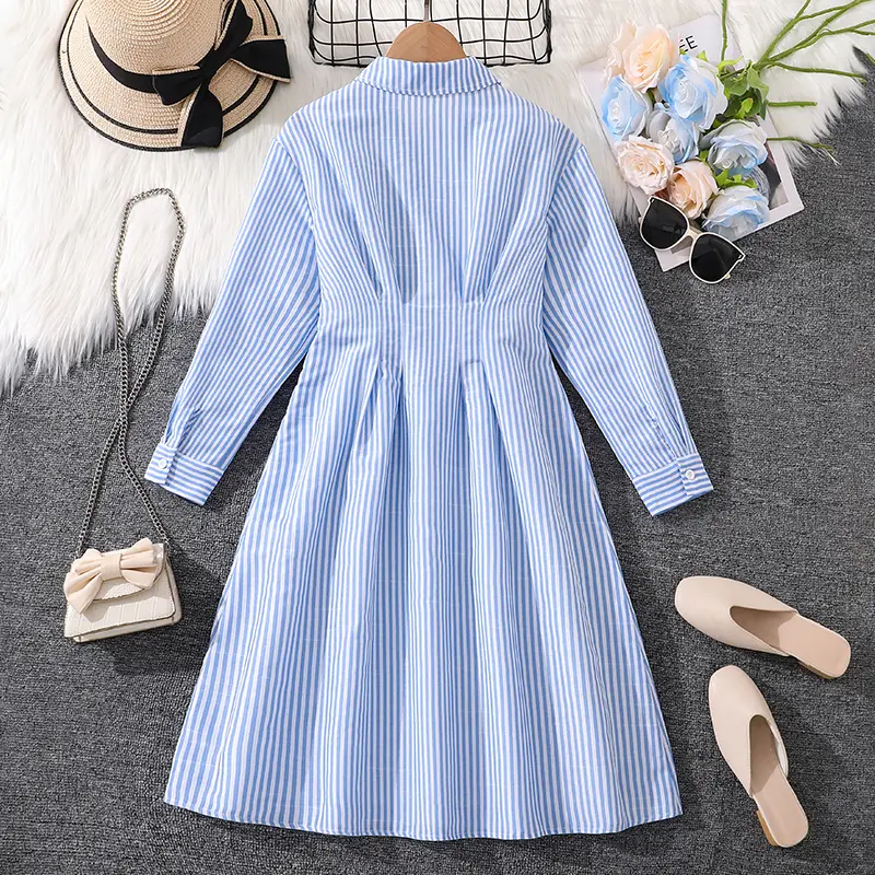 Spring and Fall Dress for Girls 8-12 Years OldBlue and White Striped Shirt Collar Long DressElegantly Ladylike Everyday