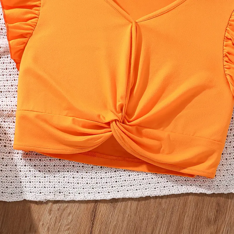 Kids Clothing Sets Tween Girls Outfit Orange Knot-Hem Crop-Top & Flowers Parinted Shorts 2PCS Summer Vacation Sets
