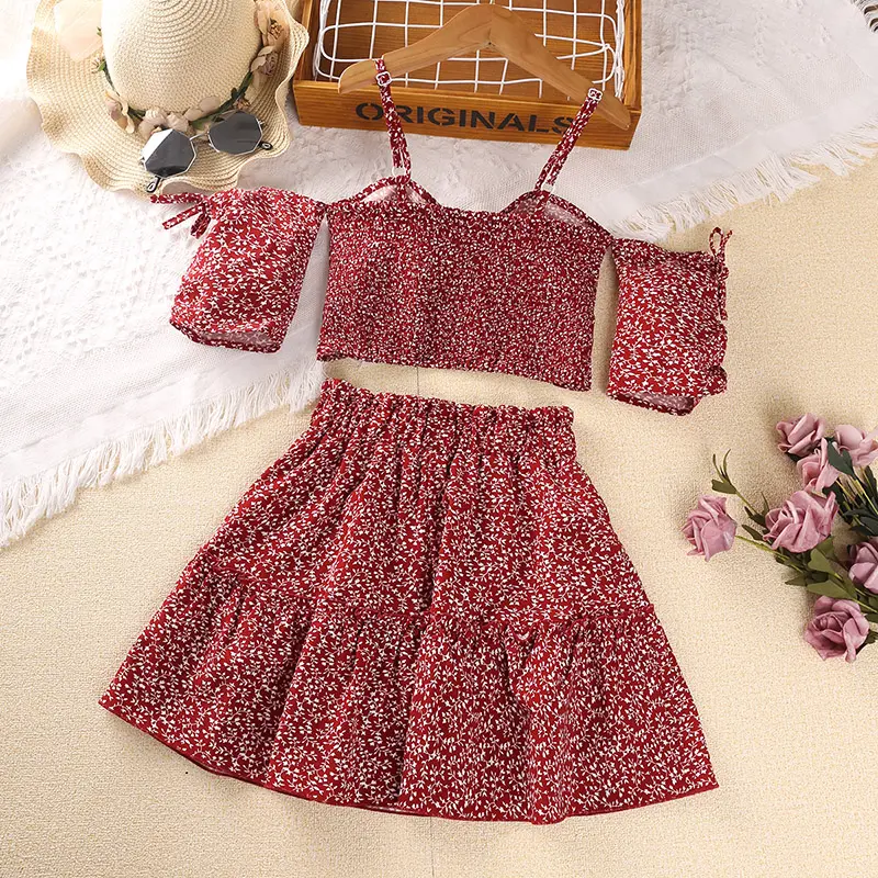 Girls Sets 8-12 Years Little Girl Red Floral Halter Top + Red Floral Skirt Korean Style Suits Summer Casual Clothes Sets