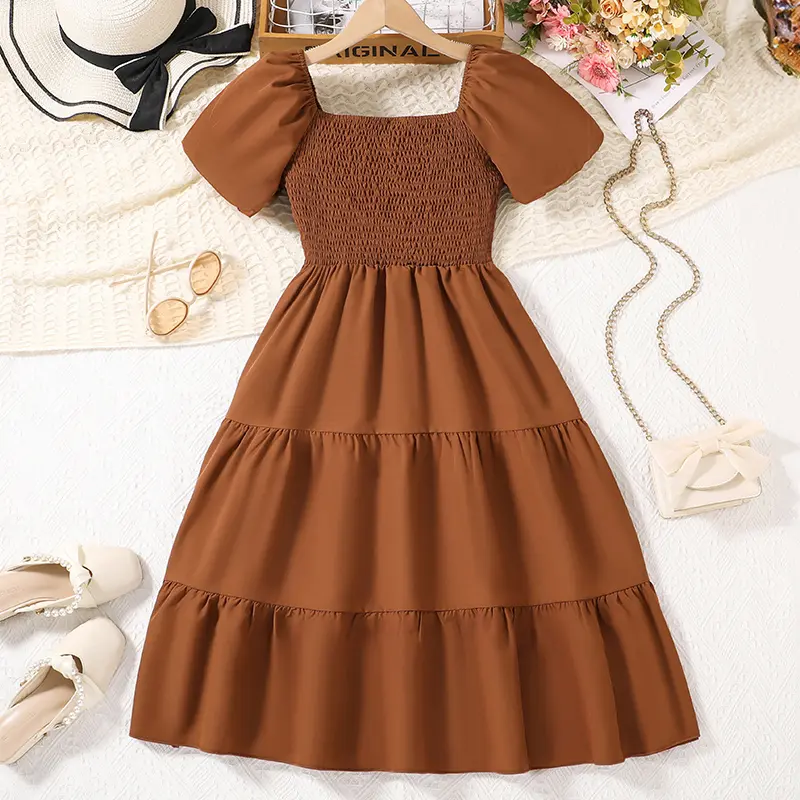New Fashion Kids Girls Summer Dress Brown Short-Sleeved Square Collar Princess Dress Retro Court Style Party Ball Pageant Outfit