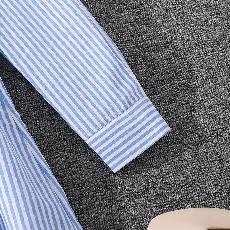 Spring and Fall Dress for Girls 8-12 Years OldBlue and White Striped Shirt Collar Long DressElegantly Ladylike Everyday