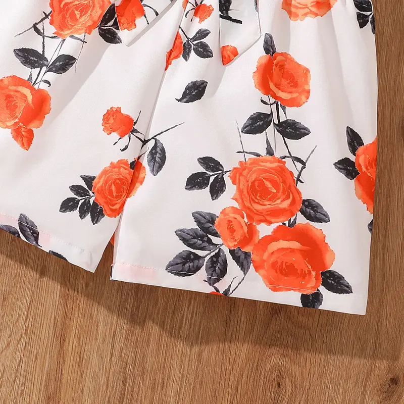 Kids Clothing Sets Tween Girls Outfit Orange Knot-Hem Crop-Top & Flowers Parinted Shorts 2PCS Summer Vacation Sets