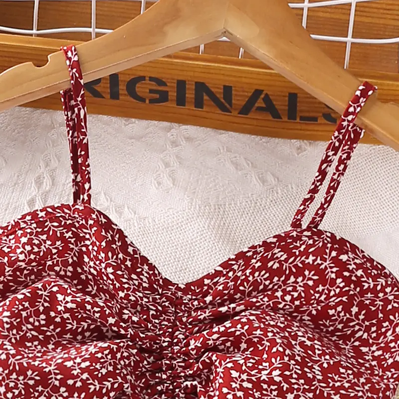 Girls Sets 8-12 Years Little Girl Red Floral Halter Top + Red Floral Skirt Korean Style Suits Summer Casual Clothes Sets