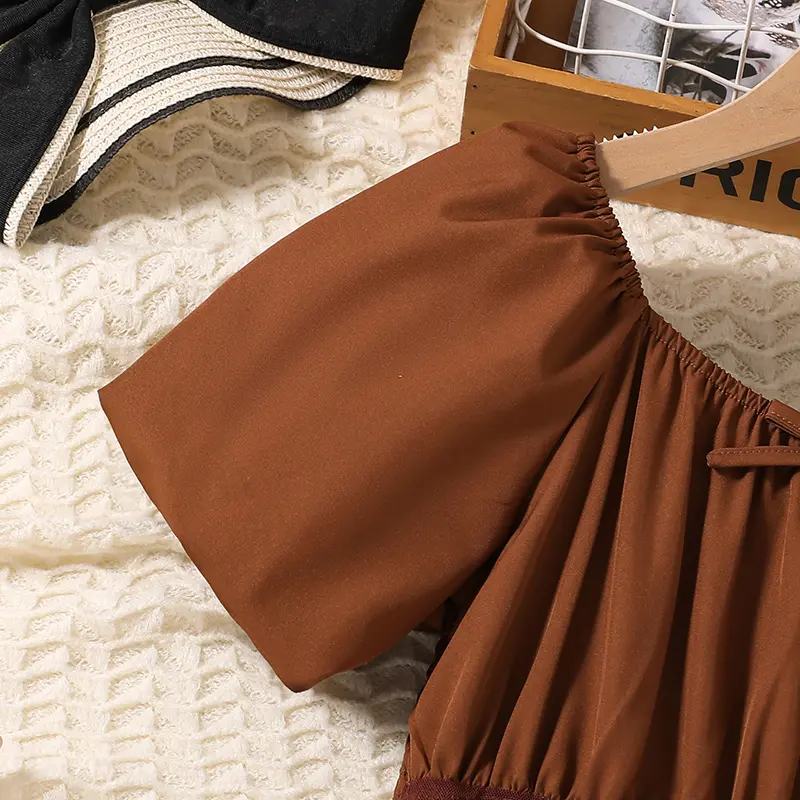 New Fashion Kids Girls Summer Dress Brown Short-Sleeved Square Collar Princess Dress Retro Court Style Party Ball Pageant Outfit
