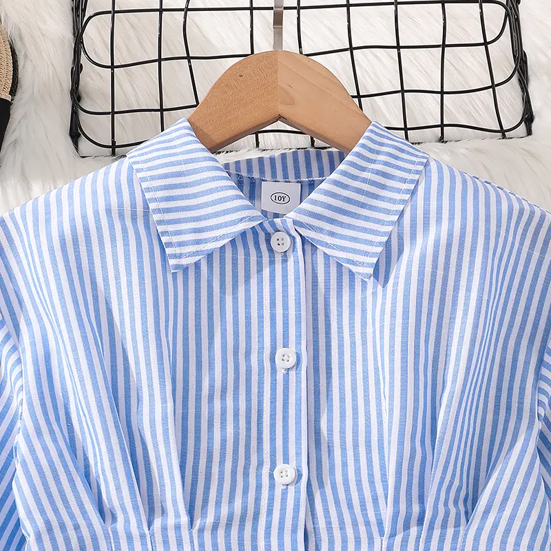Spring and Fall Dress for Girls 8-12 Years OldBlue and White Striped Shirt Collar Long DressElegantly Ladylike Everyday