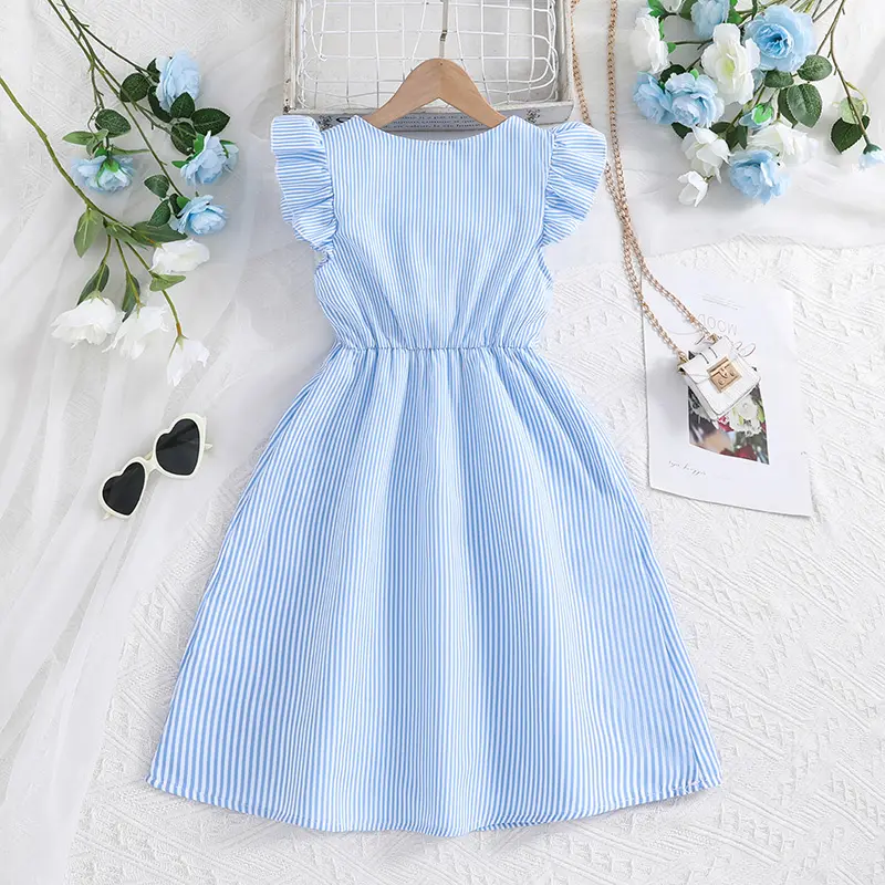 Summer 8-14 Girls' DressDaily Casual VacationBlue and White Stripe Elegant V-Neck Cute Cap Sleeve Knee Length Skirt with Buttons