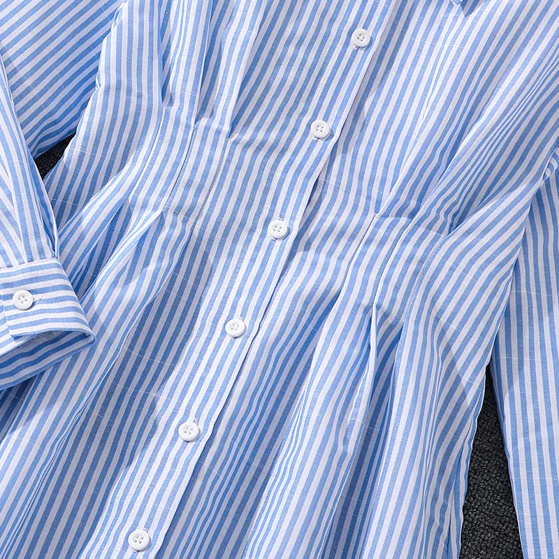 Spring and Fall Dress for Girls 8-12 Years OldBlue and White Striped Shirt Collar Long DressElegantly Ladylike Everyday