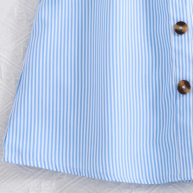 Summer 8-14 Girls' DressDaily Casual VacationBlue and White Stripe Elegant V-Neck Cute Cap Sleeve Knee Length Skirt with Buttons