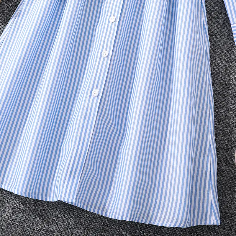 Spring and Fall Dress for Girls 8-12 Years OldBlue and White Striped Shirt Collar Long DressElegantly Ladylike Everyday