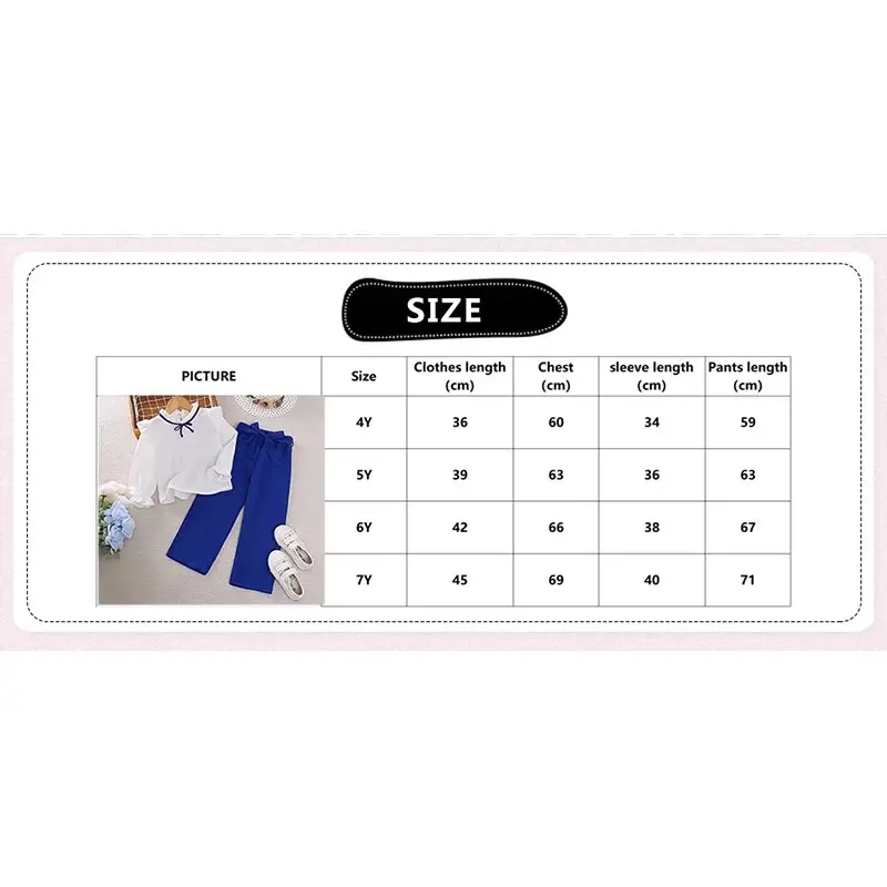 Girls Outfit 4-7 Years White Chiffon Blouse & Blue Belted Wide-Leg Pants 2 Pcs Girls Clothing Sets Leisure Style Girls Suits