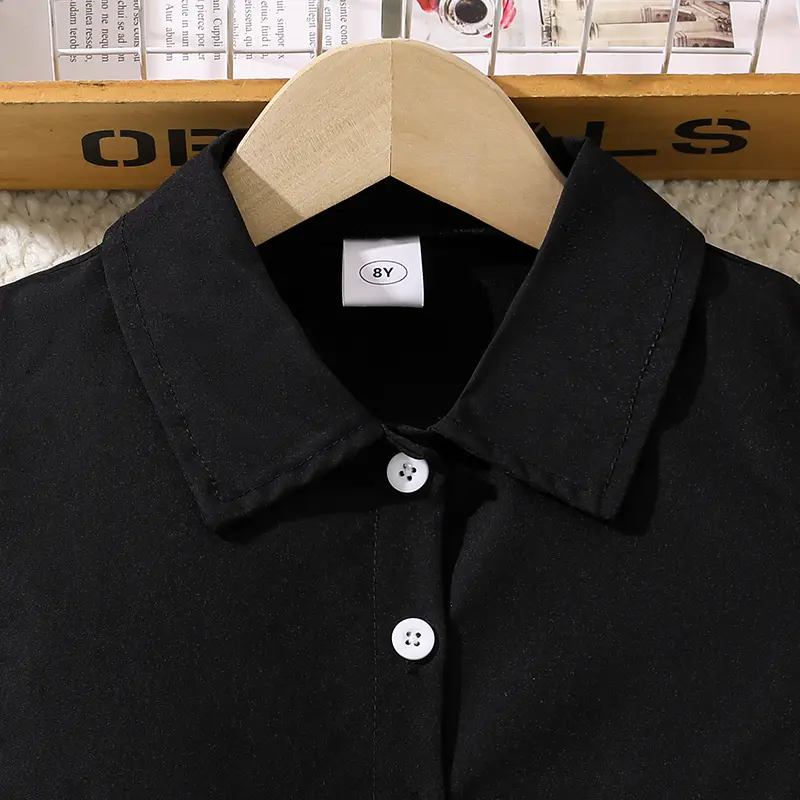 Kids Sets For Girls Black Button-Down T-shirt & Khaki Color Cargo Skirt Trendy Girls Outfit Korean Style School Outgoing Sets