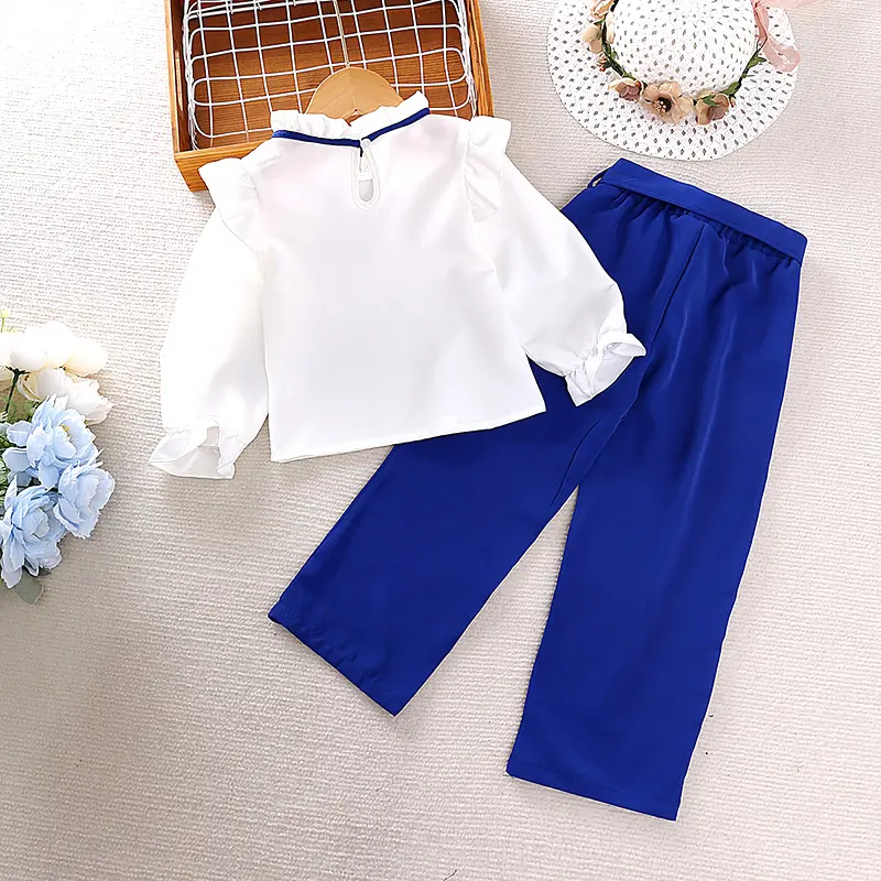Girls Outfit 4-7 Years White Chiffon Blouse & Blue Belted Wide-Leg Pants 2 Pcs Girls Clothing Sets Leisure Style Girls Suits