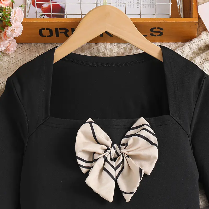 202 5Autumn 2PCS Solid Color Black Square Collar Long Sleeve Top & Beige Plaid A-Line Dress For Girls 8-12 Years  Daily Simple