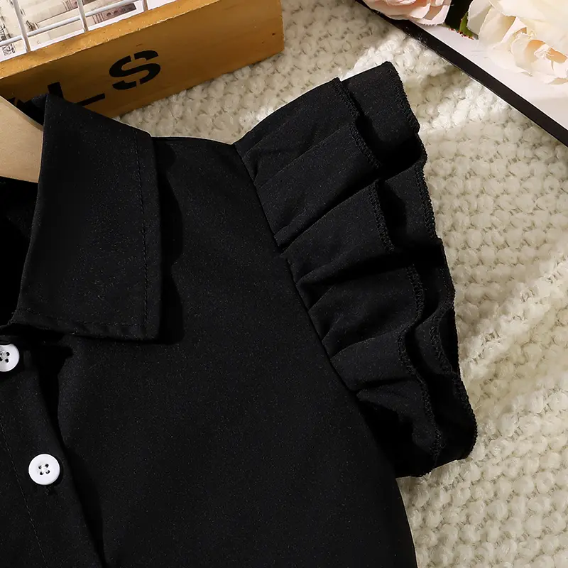 Kids Sets For Girls Black Button-Down T-shirt & Khaki Color Cargo Skirt Trendy Girls Outfit Korean Style School Outgoing Sets
