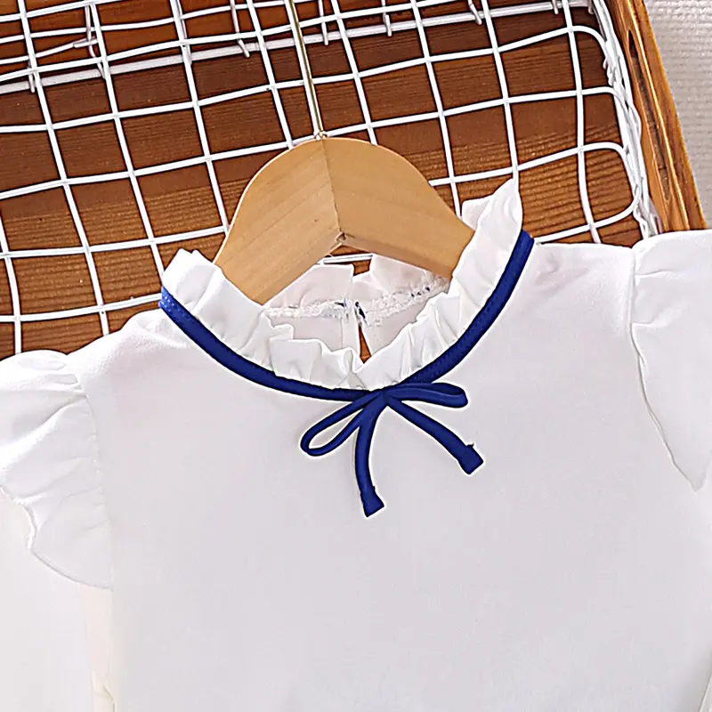 Girls Outfit 4-7 Years White Chiffon Blouse & Blue Belted Wide-Leg Pants 2 Pcs Girls Clothing Sets Leisure Style Girls Suits