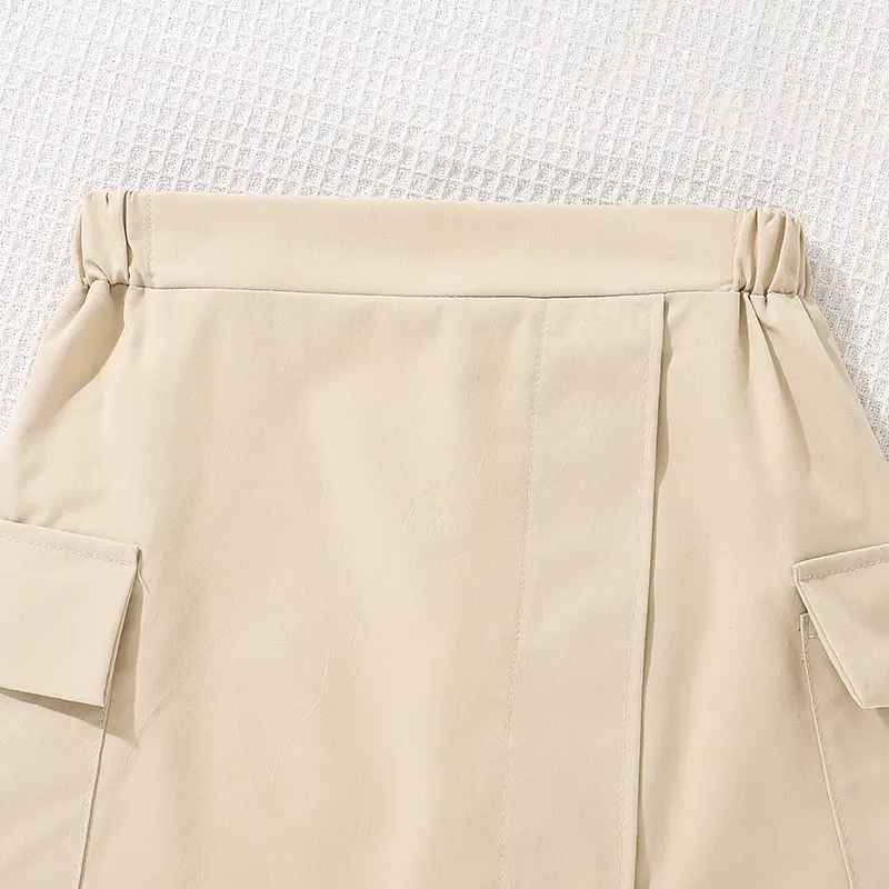 Kids Sets For Girls Black Button-Down T-shirt & Khaki Color Cargo Skirt Trendy Girls Outfit Korean Style School Outgoing Sets