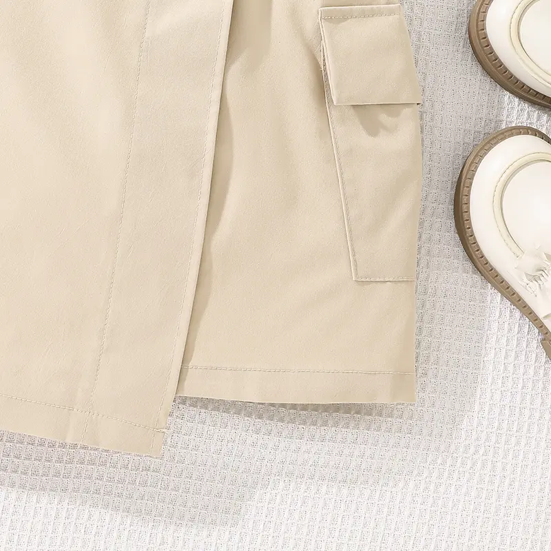 Kids Sets For Girls Black Button-Down T-shirt & Khaki Color Cargo Skirt Trendy Girls Outfit Korean Style School Outgoing Sets