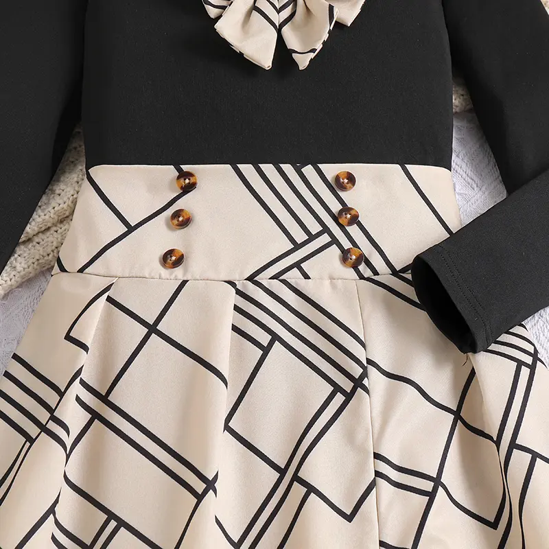 202 5Autumn 2PCS Solid Color Black Square Collar Long Sleeve Top & Beige Plaid A-Line Dress For Girls 8-12 Years  Daily Simple