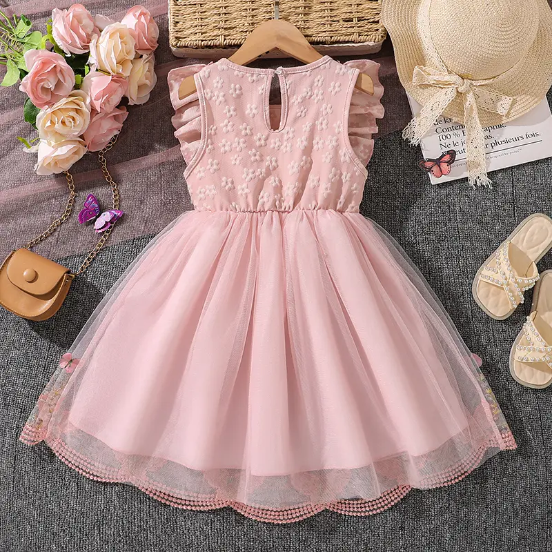 Kids Princess Dress For Girls O-Neck Wing-Sleeve Bowknot Floral Print Embroidery 4-7 Years Summer Sweet Birthday Party Clothing