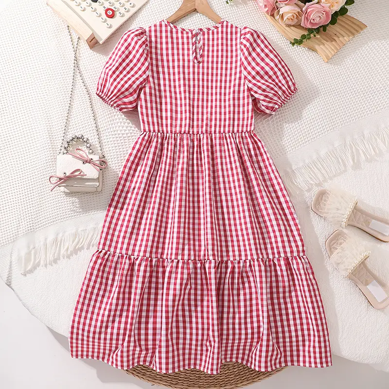 Baby Girl Dress White and Red Gingham Puff-sleeve Round Collar Loose Smock Dress American Style Kids Daily Casual Dress