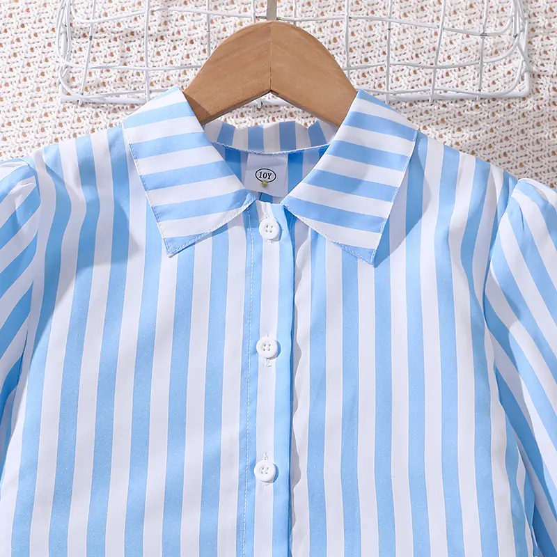 New Designed Classic Spring Autumn Dress For Kids Girls Sky Blue Striped Lapel Long-Sleeved Dress Loose Comfortable Daily Suits