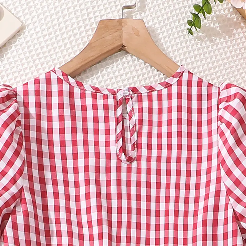 Baby Girl Dress White and Red Gingham Puff-sleeve Round Collar Loose Smock Dress American Style Kids Daily Casual Dress