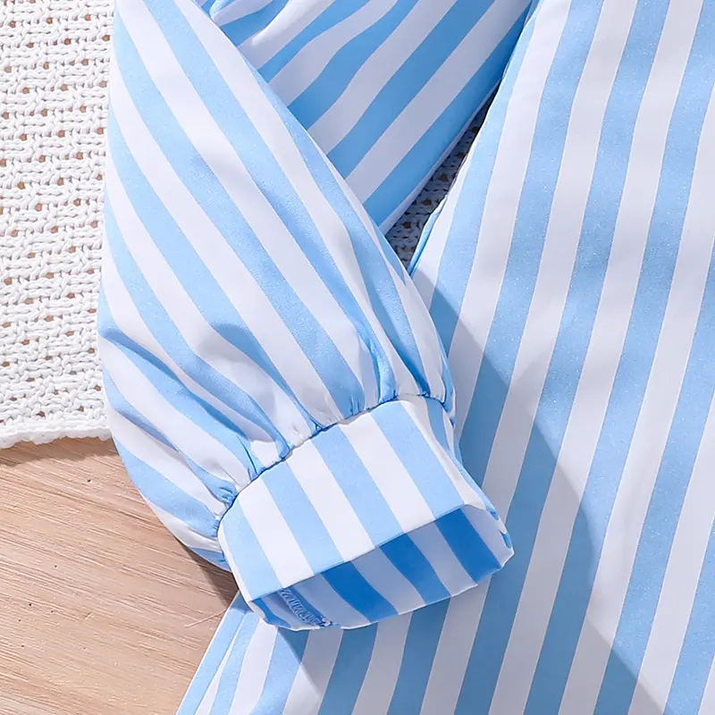 New Designed Classic Spring Autumn Dress For Kids Girls Sky Blue Striped Lapel Long-Sleeved Dress Loose Comfortable Daily Suits
