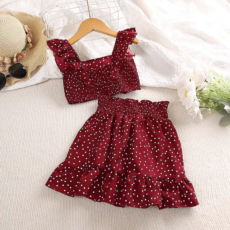 5-12 Years Cute Girl Red Flying Sleeve Square Collar Top & Red Skirt Fashion Sets Stylish Summer Vacation Party Daily Casual