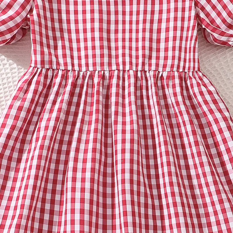Baby Girl Dress White and Red Gingham Puff-sleeve Round Collar Loose Smock Dress American Style Kids Daily Casual Dress