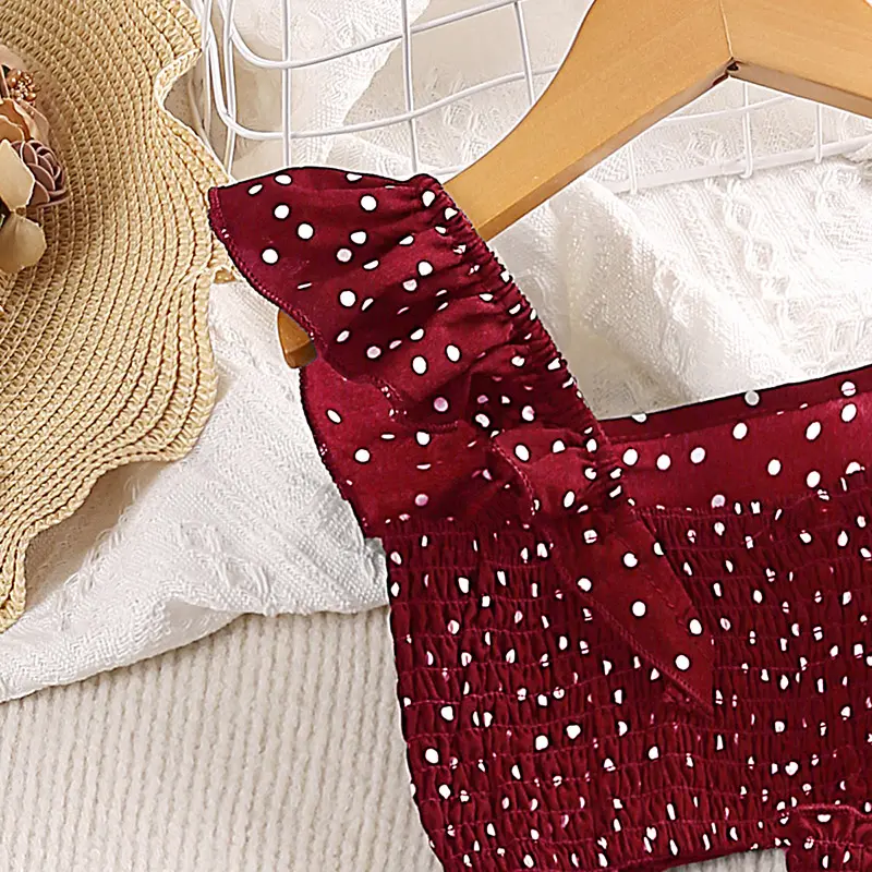 5-12 Years Cute Girl Red Flying Sleeve Square Collar Top & Red Skirt Fashion Sets Stylish Summer Vacation Party Daily Casual