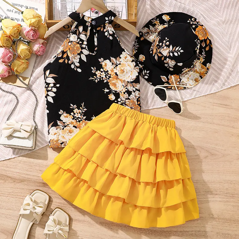 Children Clothes Girl Outfit Black Flowers Printed Vest & Yellow Tiered Skirt With Hats 3 Pcs Sets Stylish Girls Outfit