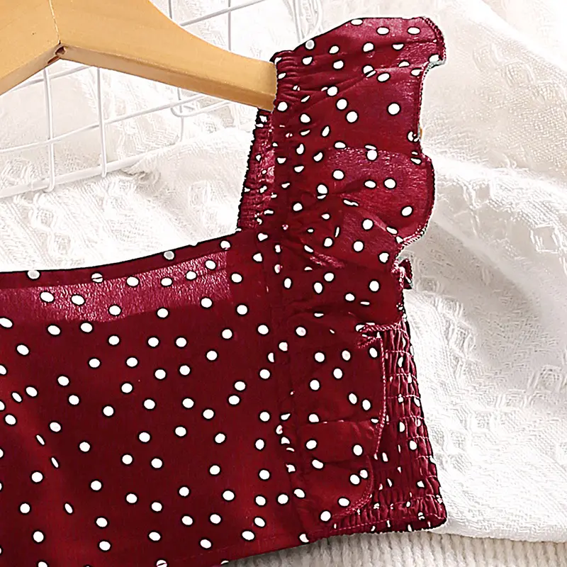 5-12 Years Cute Girl Red Flying Sleeve Square Collar Top & Red Skirt Fashion Sets Stylish Summer Vacation Party Daily Casual