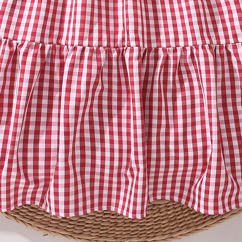 Baby Girl Dress White and Red Gingham Puff-sleeve Round Collar Loose Smock Dress American Style Kids Daily Casual Dress