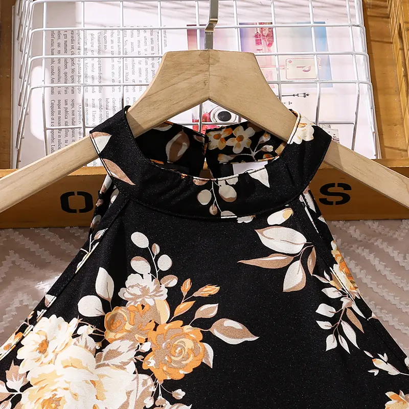 Children Clothes Girl Outfit Black Flowers Printed Vest & Yellow Tiered Skirt With Hats 3 Pcs Sets Stylish Girls Outfit