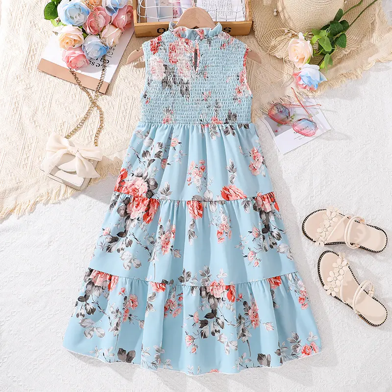 Summer Dress For Girls Baby Blue Print Sleeveless Ruffled Dress Elegant Casual Style Birthday Party Daily Holiday Clothes 8-12Y