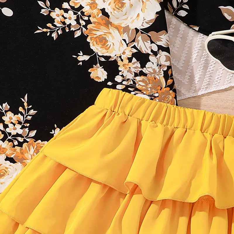 Children Clothes Girl Outfit Black Flowers Printed Vest & Yellow Tiered Skirt With Hats 3 Pcs Sets Stylish Girls Outfit
