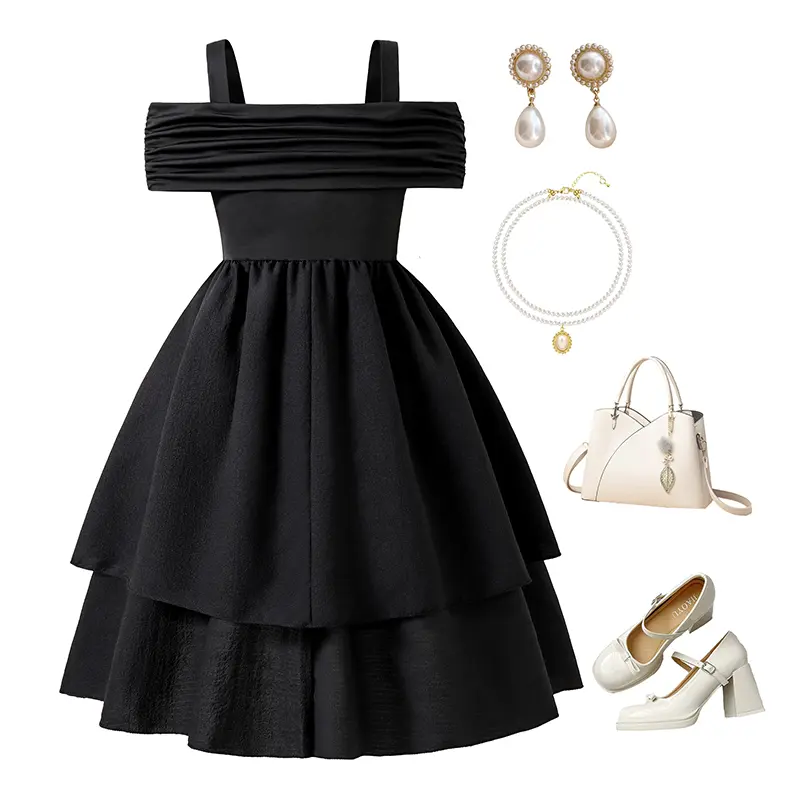 Black Dress For Kids Girls Off-the-Shoulder Tiered Sleeveless Gown Party Dating Clothes Children Clothes Summer Clothes For 8-12