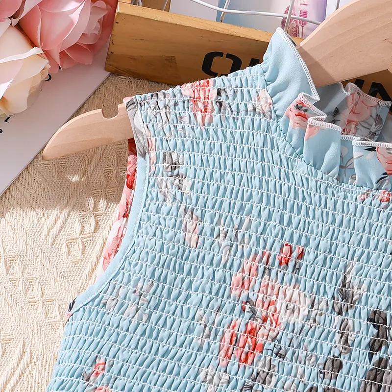 Summer Dress For Girls Baby Blue Print Sleeveless Ruffled Dress Elegant Casual Style Birthday Party Daily Holiday Clothes 8-12Y