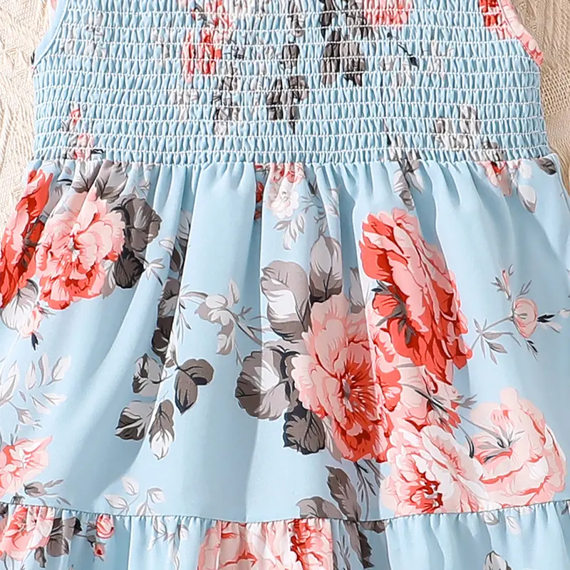 Summer Dress For Girls Baby Blue Print Sleeveless Ruffled Dress Elegant Casual Style Birthday Party Daily Holiday Clothes 8-12Y