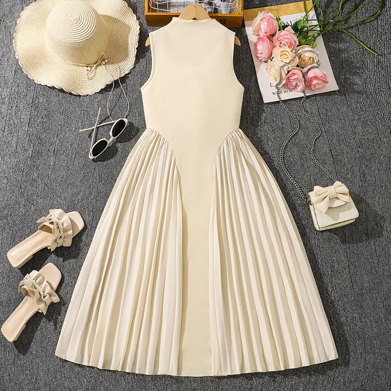 Summer Hot Sale Solid Color Beige Sleeveless O-Neck Draped A-Line Dress For Girls 8-12 Years Daily Casual Elegant Dance Clothing