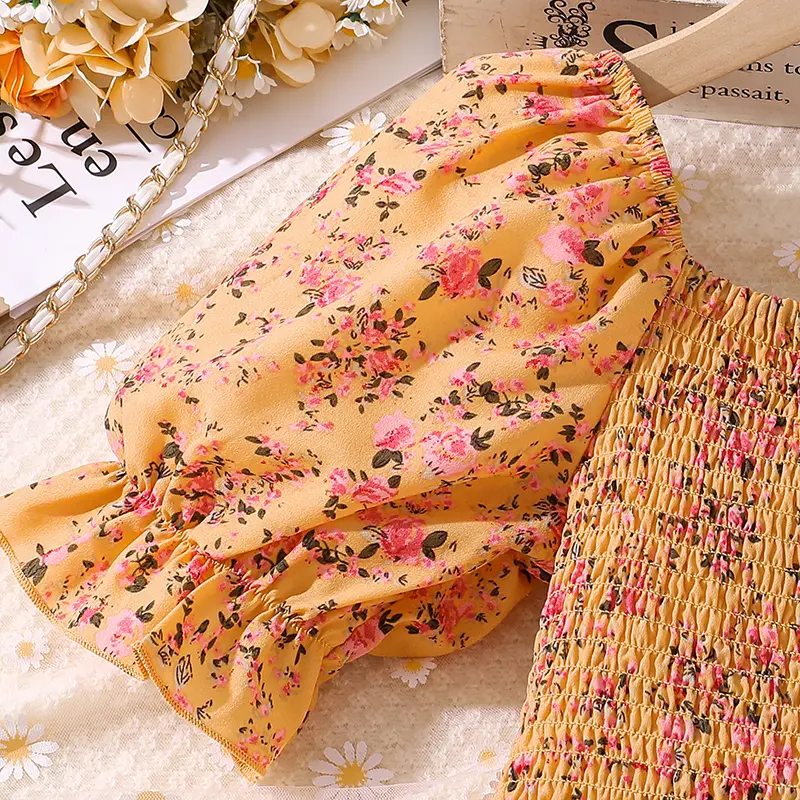 Summer  Dress For 8-12 Years Kids Girls Puffy Sleeves Yellow Floral Skirt Long dress Elegant Princess Birthday Party Daily Dress
