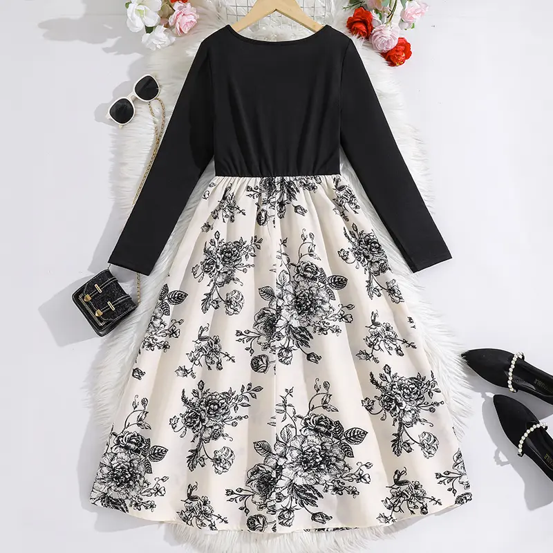 2025 Autumn New Hot Sale Children's Set Black Print O-Neck Long Sleeve A-Line Dress For Girls 8-12 Years Daily Simple Clothing
