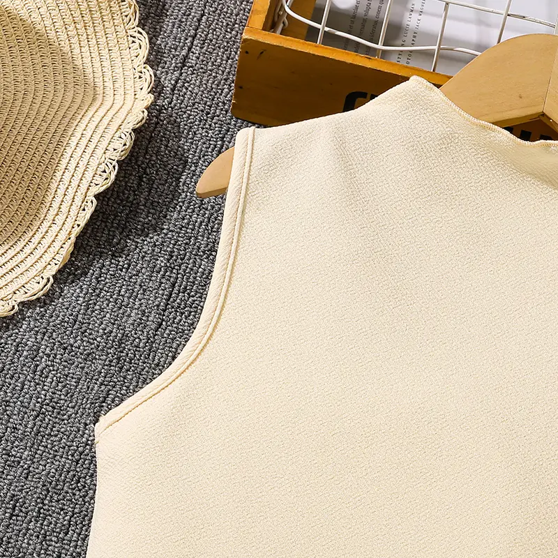 Summer Hot Sale Solid Color Beige Sleeveless O-Neck Draped A-Line Dress For Girls 8-12 Years Daily Casual Elegant Dance Clothing